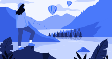A hiker stands on a rocky ledge above a mountain lake, watching two hot-air balloons drift over the valley.