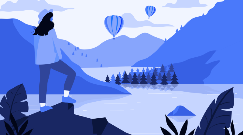 A hiker stands on a rocky ledge above a mountain lake, watching two hot-air balloons drift over the valley.